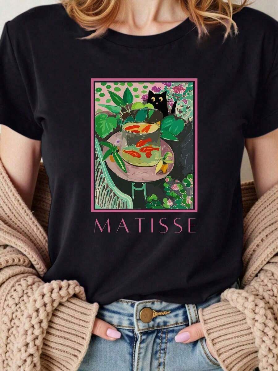 Camiseta casual de verano personalizada para mujer, estilo Matisse, estampado de gato y patrón geométrico de frutas, cuello redondo, mangas cortas, tela ligera, lavable a máquina, estilo holgado y cómodo para uso diario. Camiseta Vintage de Estilo Urbano Unisex de Algodón Holgado de Manga Corta con Cuello Redondo - Negro - Ver 1