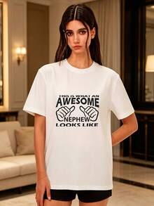 Women's Oversized T-Shirt, 180g, With "This Is How A Cool Nephew Looks" Print, Short Sleeve, Casual Style, Soft Fabric, For Family Gatherings And Birthday Gifts, Summer 2024 Edition - Urban Vintage Style, Unisex, Short Sleeve Cotton T-Shirt With Round Neck. - 白色 - 查看 7