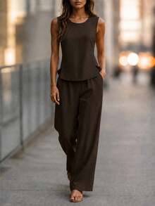 Women's Linen 2 Pieces Set, Casual Solid Color Round Neck Vest And Wide Leg Pants, Summer - Dark Brown - View 5