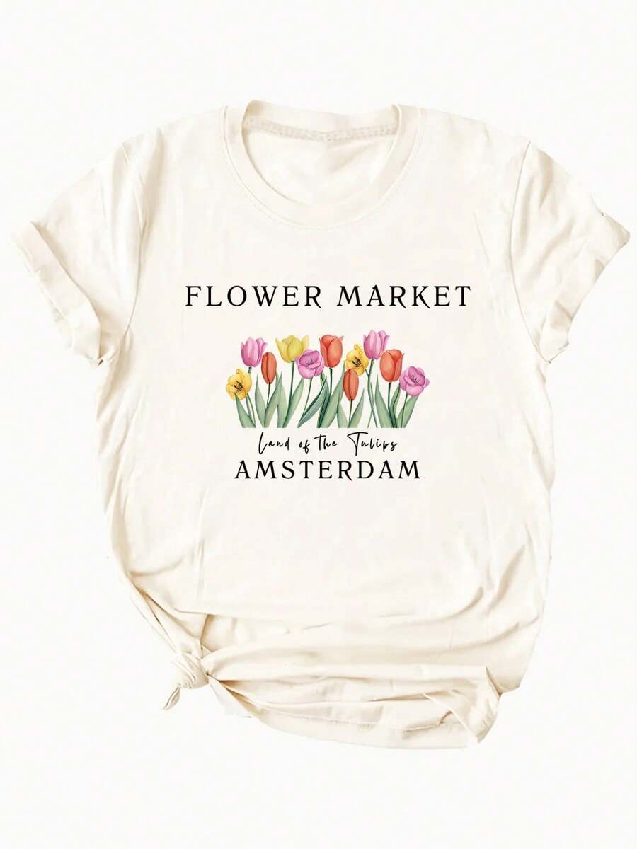 Women's T-shirt Top de manga corta para mujer con estampado de tulipanes y cuello redondo ajustado. - Albaricoque - Ver 1