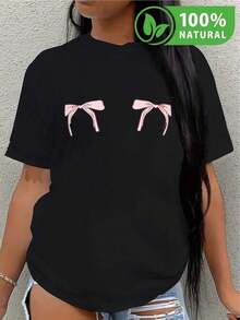 Camiseta negra con diseño de lazo rosa chic para mujer estilo juvenil moda mexicana algodón cómodo y fresco camiseta divertida perfecta para cualquier ocasión resalta tu estilo único con esta prenda urbana básica esencial fácil de combinar con tu look moderno y atrevido - Negro - Ver 12