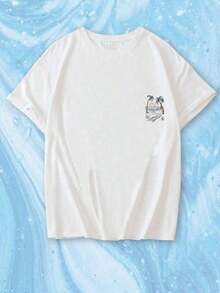 Nueva Camiseta Casual de Verano con Estampado de Cocotero, Cuello Redondo y Manga Corta, Blusa Blanca Versátil y a la Moda para Mujer, Ideal para Vacaciones - Blanco - Ver 5