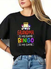 La abuela es mi nombre, el bingo es mi juego, camiseta gráfica divertida para mujer, ropa casual, regalo de cumpleaños para la abuela, atuendo para fiesta de personas mayores - Estilo vintage urbano, unisex, camiseta de manga corta de algodón suelto con cuello redondo, 100% algodón. - Negro - Ver 3