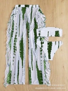 Nuevo y sexy traje de baño de dos piezas con estampado multicolor y pantalones largos, bikini de tres piezas para mujer. - amarillo grisáceo - Ver 9