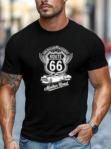Camiseta de talla grande para hombre, fácil y limpia, estilo casual fácil, camiseta de manga corta con cuello redondo y diseño de la Ruta 66 americana para verano - Negro - Ver 1