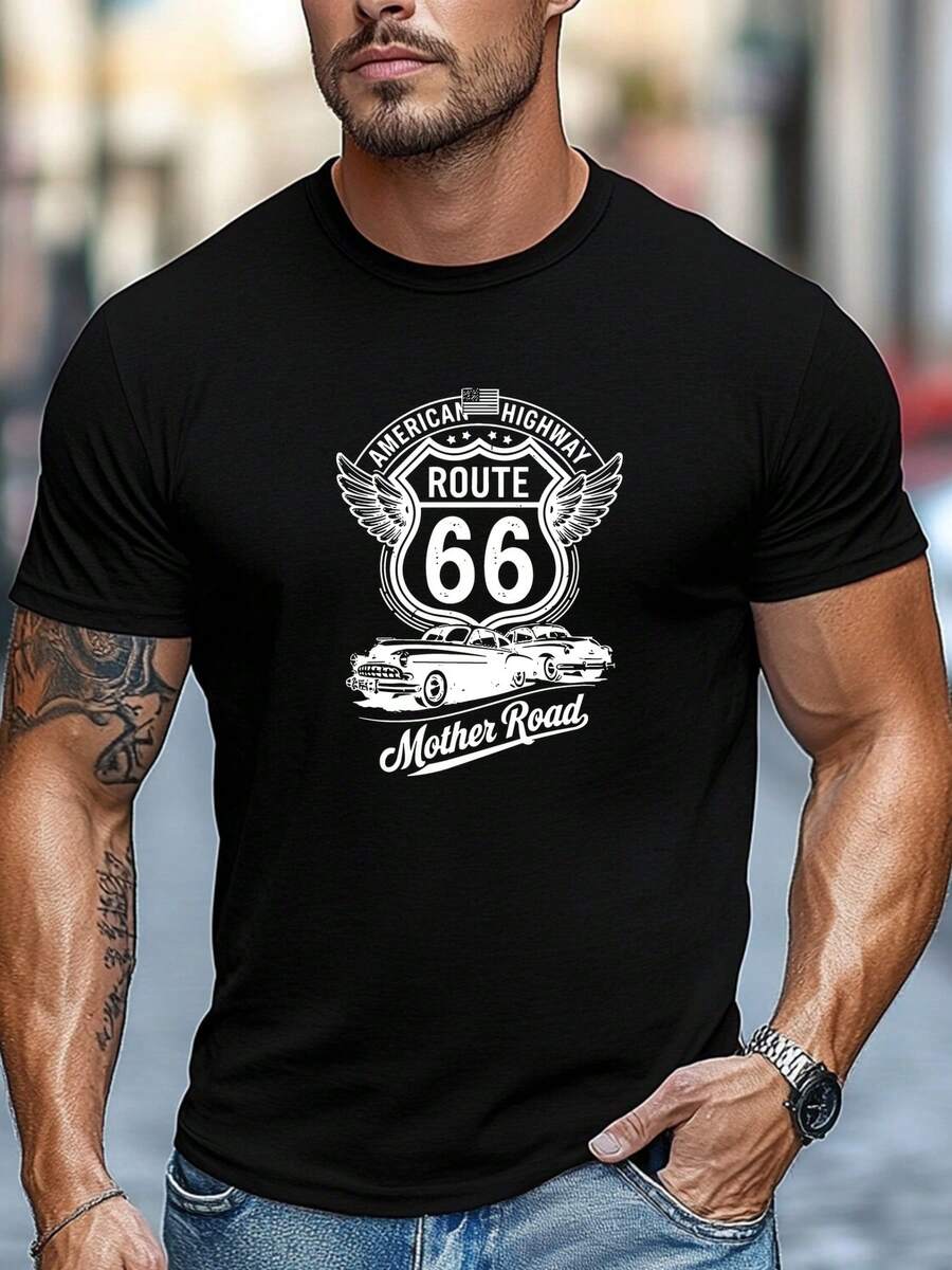 Camiseta de talla grande para hombre, fácil y limpia, estilo casual fácil, camiseta de manga corta con cuello redondo y diseño de la Ruta 66 americana para verano - Negro - Ver 1