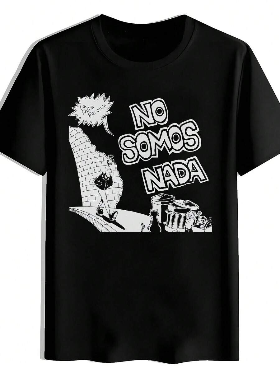 Camiseta Vintage de Banda de Rock para Hombres - Diseño de Música Española "No Somos Nada" con Personaje de Dibujos Animados, Tejido Elástico, Camiseta Casual para Conciertos y Viajes - Negro - Ver 1