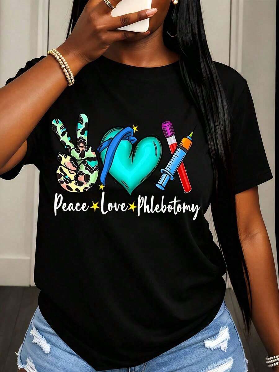 Camiseta de Mujer con Estampado Gráfico de Paz, Amor y Flebotomía, con Diseño de Símbolo de Paz, Corazón y Jeringa, para Uso Casual en Primavera y Verano - Negro - Ver 1