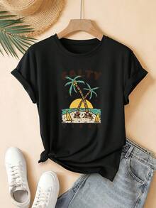 Camiseta de mujer, estampado de cocotero y atardecer en la playa, diseño moderno y encantador, camiseta de manga corta con cuello redondo para jóvenes, top casual elegante y con estilo, prenda versátil de verano, nueva llegada, opción de regalo perfecta, lavable a máquina, adecuada para el hogar, la oficina y otras ocasiones. - Negro - Ver 1