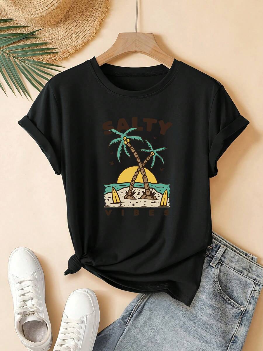 Camiseta de mujer, estampado de cocotero y atardecer en la playa, diseño moderno y encantador, camiseta de manga corta con cuello redondo para jóvenes, top casual elegante y con estilo, prenda versátil de verano, nueva llegada, opción de regalo perfecta, lavable a máquina, adecuada para el hogar, la oficina y otras ocasiones. - Negro - Ver 1