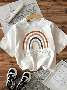 Camiseta con estampado de arcoíris y letras, top casual de manga corta y cuello redondo, adecuada para ropa de mujer de primavera y verano. - Blanco - Ver 7