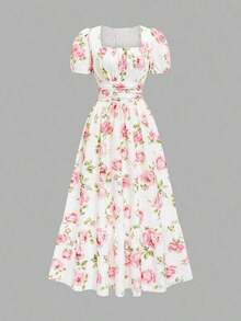 Vestido con estampado integral, cuello cuadrado y cintura ceñida, elegante y de moda para mujer - Multicolor - Ver 4