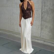 Vestido nueva llegada satén y encaje, cuello colgante con calado elegante - Negro mate - Ver 9