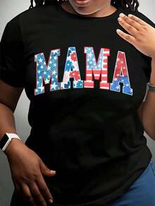 1 PcsPatriotic Mama T-Shirt American Flag Design Fourth Of July Independence Day Celebration Women's Casual Shirt Red And Blue Stars And Stripes Mother's Day Gift,180g 100% Cotton - 黑色 - 查看 2