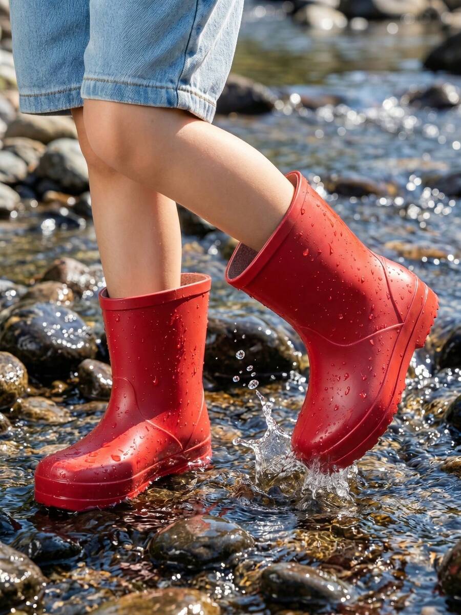 女孩时尚红色简约可爱雨靴,适合雨天玩耍、钓鱼和娱乐,舒适软底涉水鞋,低帮溯溪鞋,雨靴 - 紅色 - 查看 1