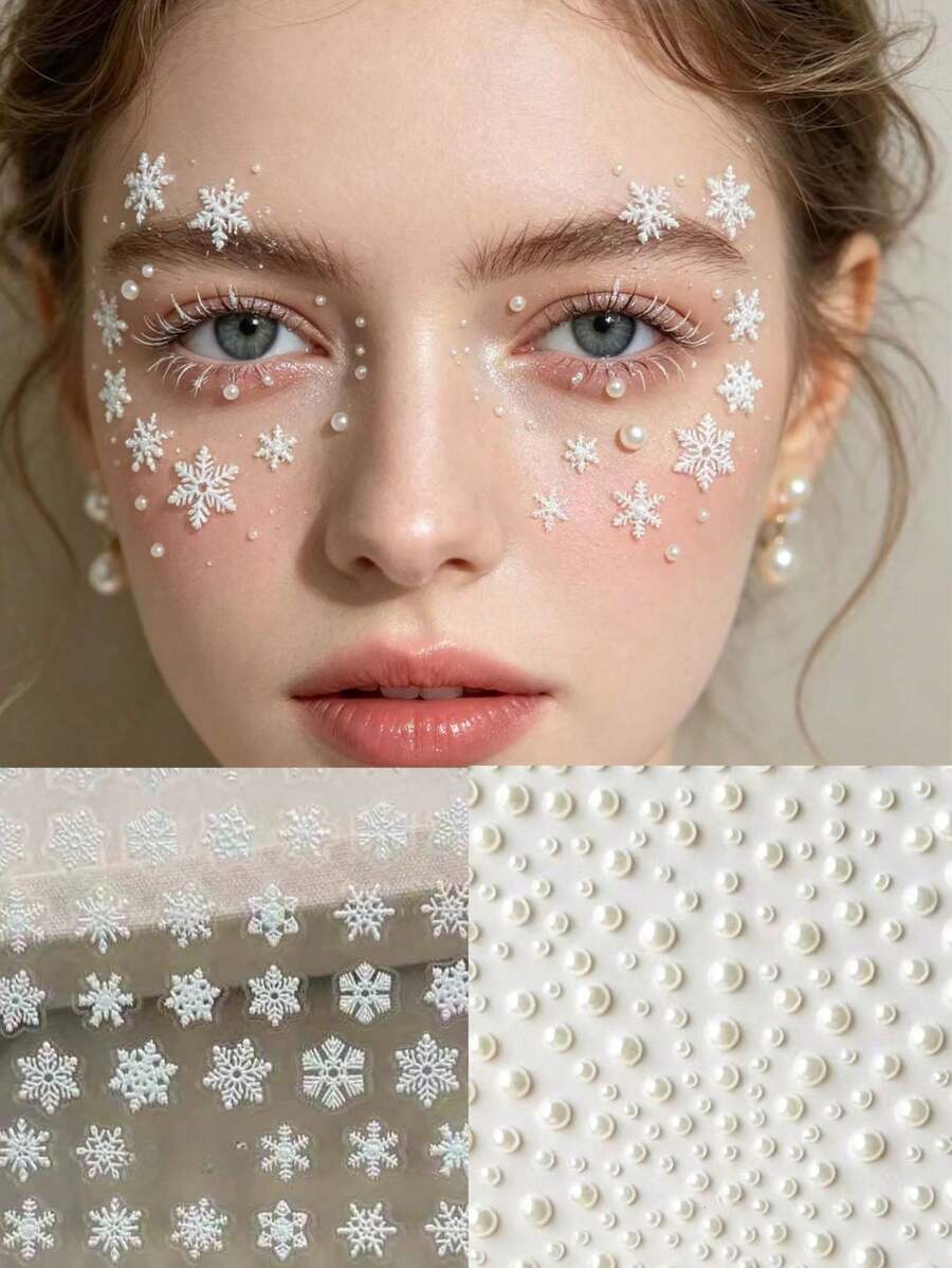 1片雪花珍珠脸贴,3D雪花+柔软珍珠组合,防水无胶,营造冰雪氛围,适合圣诞妆容、冬季写真、冰雪主题派对,雪花质感细腻,易于粘贴,提供柔焦滤镜效果 - 彩色 - 查看 1