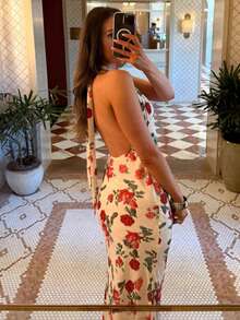 Vestido estampado nueva llegada, escote V y espalda descubierta, estilo retro vacacional - Rojo - Ver 3