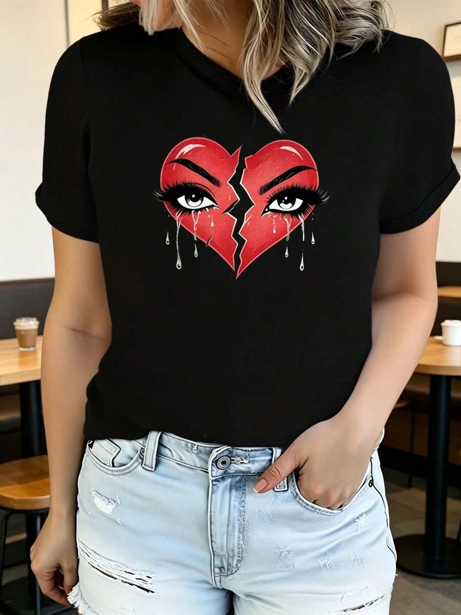 Women's Printed Short-Sleeved T-Shirt With Round Neck, Modern And Casual, Machine Washable, Comfortable Fit, 2D Flat Print, Casual 2D Blouses For Women. - 黑色_03 - 查看 1
