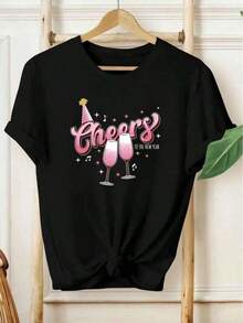 Camiseta unisex de manga cortaInformalDeModaParaMujerConEstampadoDeCopaDeVinoMusicalYLetrasInglesas,CuelloRedondo,MangaCorta,EstiloInformal,Primavera/Verano/Otoño%.playerashombre, , , Dazymujer,romwehombres, bohochic,maestrasregalos,camisetaparaconjuntos de mujercon curvasparamu,y2k, - Negro - Ver 6