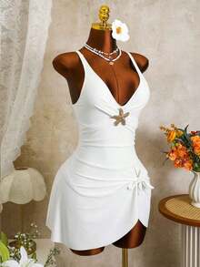 2026 Zestiva Women's Elegant Swimsuit Skirt With Solid Color Wide Strap And Starfish Decoration, Suitable For Spring, Summer And Autumn Beach Vacation - 白色的 - 查看 2