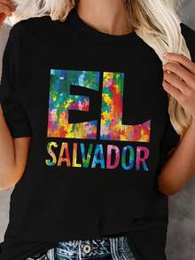 Playeras de Mujer de Algodón Oversize Moda 2026 EL SALVADOR Puzzle Camiseta Cómoda para Mujer, Suave y Sencilla para Uso Diario, Top de Manga Corta - Negro - Ver 7