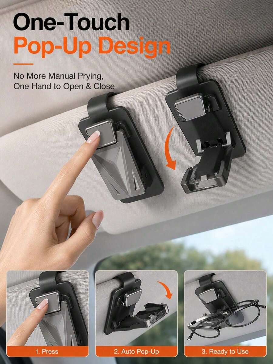通用金屬車用眼鏡夾 - 一鍵彈出式眼鏡架，防刮車內收納，單手操作內飾配件