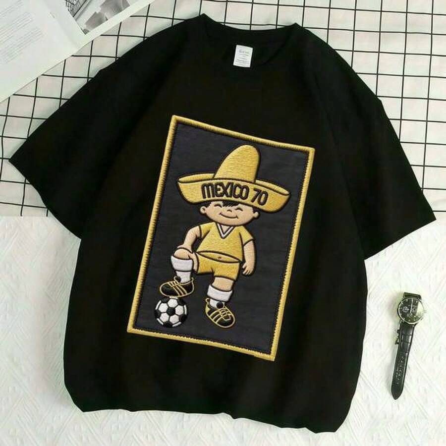 Camiseta Retro de Fútbol México 70 con Estampado Simulado de Bordado, Camiseta Deportiva Vintage Unisex para Amantes del Fútbol Mexicano - Negro - Ver 1