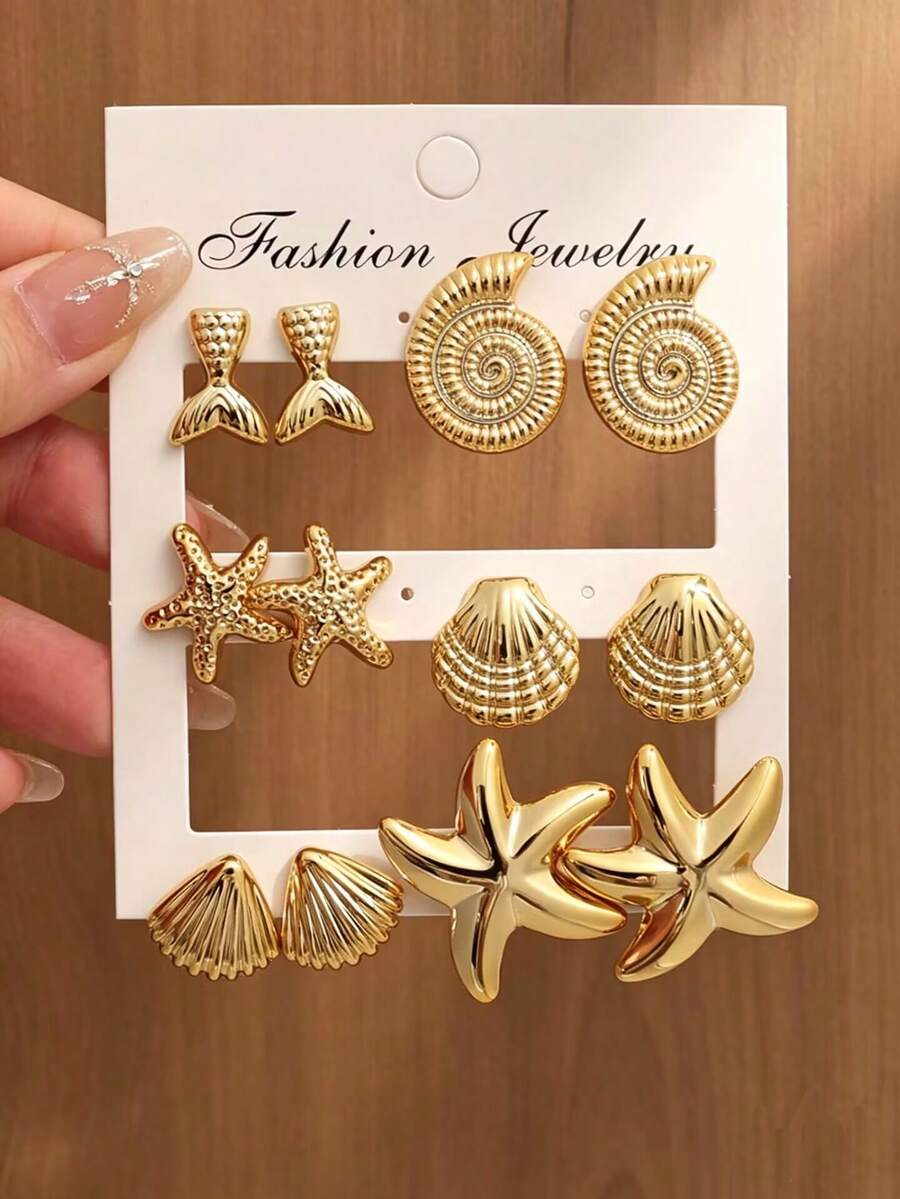 6-10pcs Stylish Starfish, Seashell, Conch Ocean Theme Earrings, Suitable For Holidays, Vacations, Beach Wear - Gold - View 1