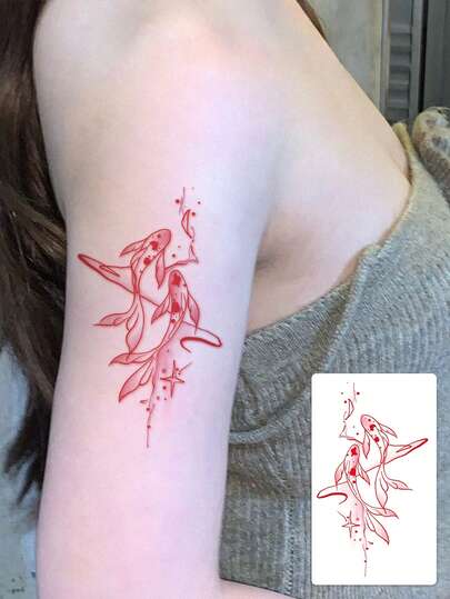 1 Tatuaje temporal, línea de acuarela de tinta roja Koi Fish doble vertical de estilo chino simple y personalizado, lavable, de PVC, desechable, impermeable y a prueba de sudor, adecuado para brazos, cintura, abdomen, espalda, piernas, no reflectante, tatuaje realista, adecuado para personas, uso diario, dura de 3 a 5 días