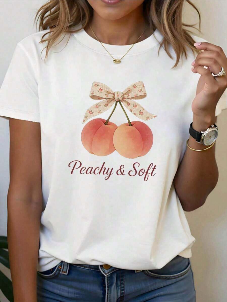 ComfortableCamiseta Peachy Soft con estampado de letras, manga corta y cuello redondo, top casual para verano y primavera, ropa de mujerFashion All-match Women's Short Sleeve T-shirt, Basic Style for Inner & Outer Wear - Blanco - Ver 1