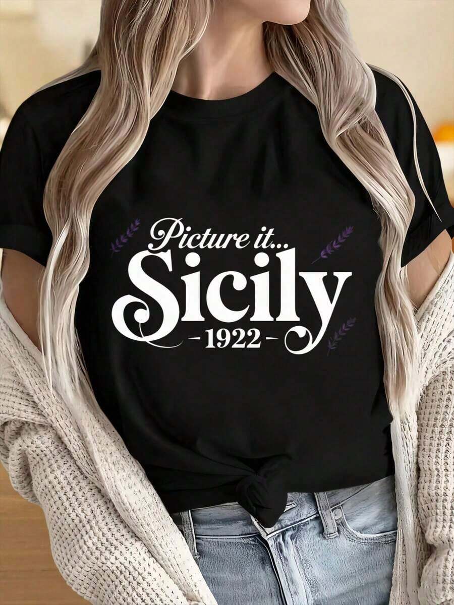 Women's And Men's Crew Neck Short Sleeve T-Shirts, Vintage Inspired "Picture It Sicily 1922" T-Shirt, Fashionable Casual Top For Women, Black Graphic Tee. Fun Prints Suitable For Christmas Parties, Sports Activities, Holiday Parties, Outings, Sports And Other Festive Gifts. - 黑色 - 查看 1