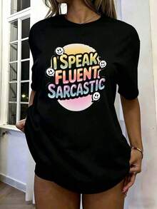 Camiseta de Moda NEWISpeakFluentSarcasticFunnyGradientBubbleLetterGraphic para Mujer, Estampado Sarcastico con Cara Linda, Corte Holgado, Manga Corta, Cuello Redondo, Camiseta Casual de Algodón, Ropa de Moda Mexicana para Mujer, Estilo Vintage Urbano, Unisex, Camiseta de Algodón Holgada de Manga Corta con Cuello Redondo - Negro - Ver 1