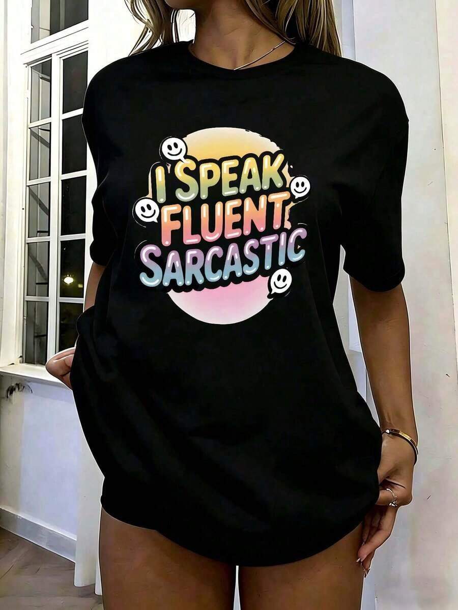 Camiseta de Moda NEWISpeakFluentSarcasticFunnyGradientBubbleLetterGraphic para Mujer, Estampado Sarcastico con Cara Linda, Corte Holgado, Manga Corta, Cuello Redondo, Camiseta Casual de Algodón, Ropa de Moda Mexicana para Mujer, Estilo Vintage Urbano, Unisex, Camiseta de Algodón Holgada de Manga Corta con Cuello Redondo - Negro - Ver 1