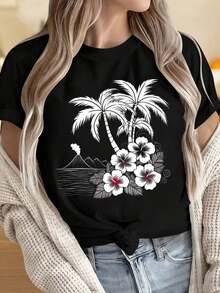 Women's And Men's Round Neck Short Sleeve T-Shirts With Tropical Palm Tree And Hibiscus Flower Print, 's T-Shirt, Casual Summer Style With Volcano Background, Hawaiian Style T-Shirt, Fun Prints Ideal For Christmas Parties, Sports Activities, Holiday Parties, Outings, Sports And Other Festive Gifts. - 黑色 - 查看 4