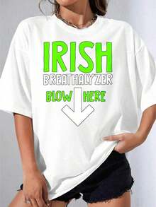 Camisetas de Mujer, Manga Corta Casual para Fiesta, Camiseta OneIrish Breathalyzer Blow Here con Diseño de Texto y Flecha Blanco y Verde para Fiesta del Día de San Patricio, 220g - Blanco - Ver 4