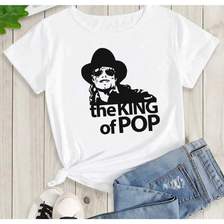 Camiseta de mujer con estampado "King of Pop", manga corta, cuello redondo, tejido de punto con ligero estiramiento para un estilo casual y diario. - Blanco - Ver 1