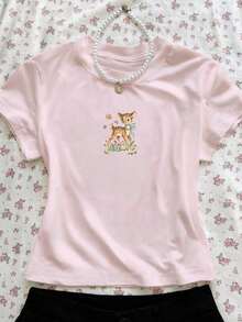 Camiseta de manga corta de cuello redondo con estampado casual de ciervos, flores y mariposas para mujer, verano - Rosa - Ver 8