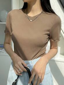 Blusa de punto acanalado con ribete de lechuga, estilo preppy de verano - Marrón - Ver 8