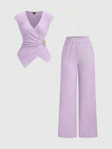 2 piezas Conjunto de mujer minimalista y cómodo de punto acanalado con hebilla de metal decorativa, para otoño - Púrpura malva - Ver 1