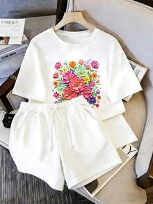 Conjunto Casual para Mujer, Playera con Estampado de Flores Coloridas + Pantalones Cortos de Dos Piezas - Camiseta blanca + pantalón corto blanco - Ver 1