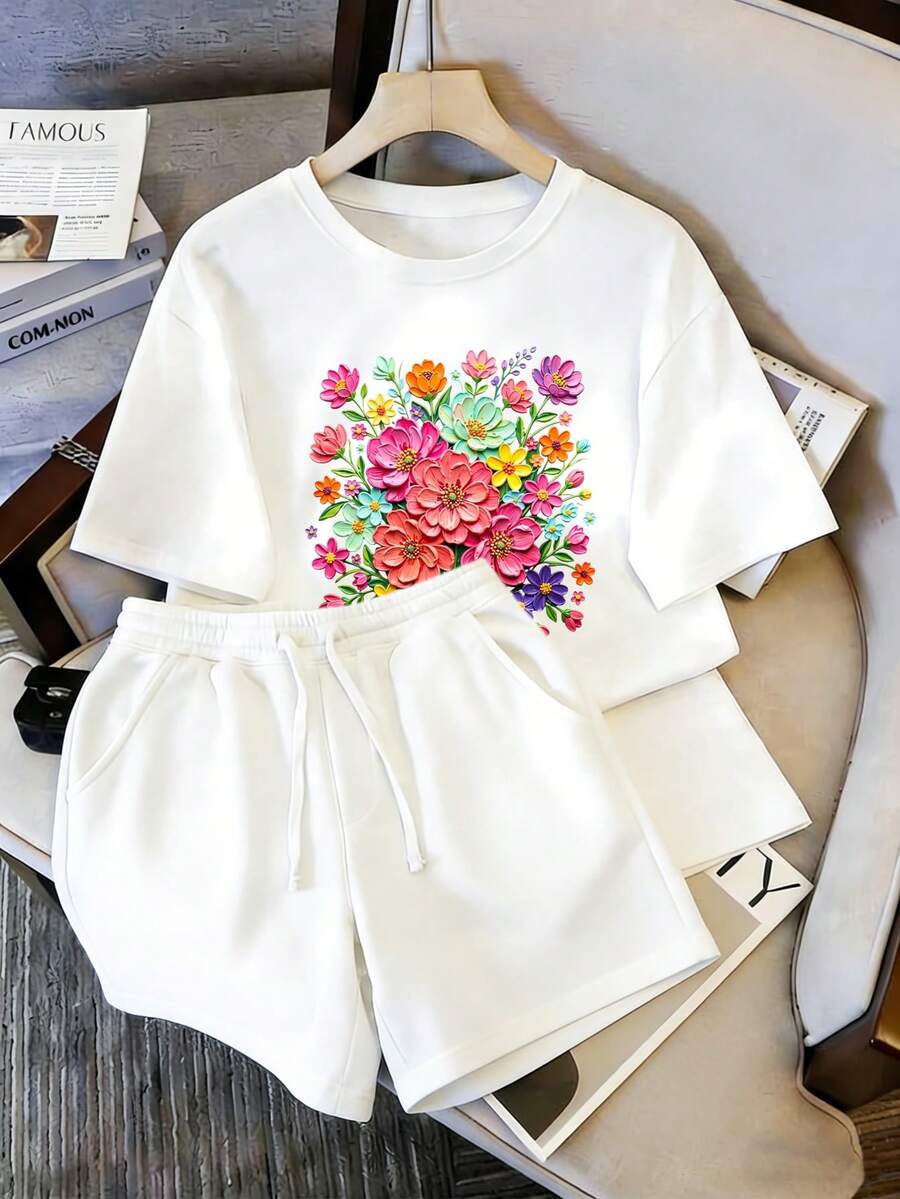 Conjunto Casual para Mujer, Playera con Estampado de Flores Coloridas + Pantalones Cortos de Dos Piezas - Camiseta blanca + pantalón corto blanco - Ver 1