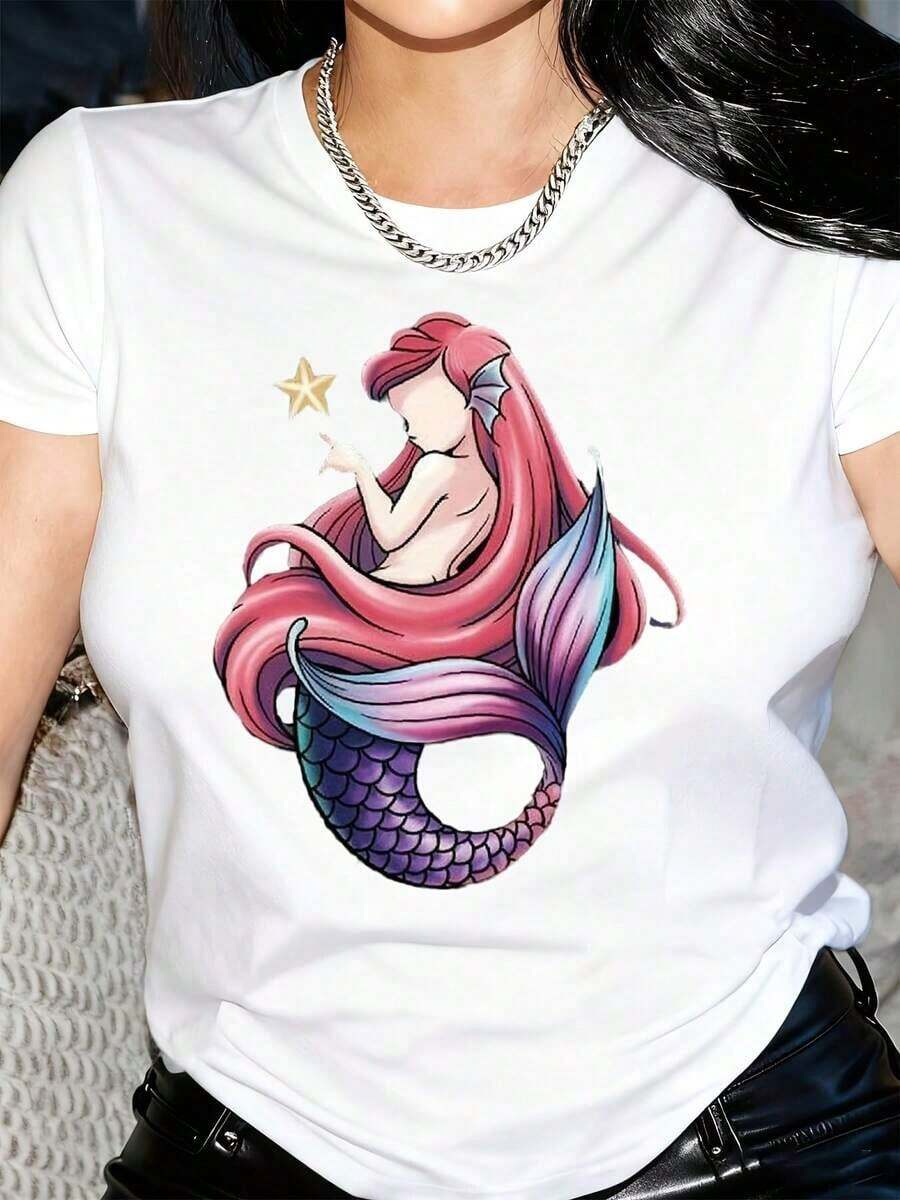 Nueva Llegada 2026 - Camiseta Casual Negra para Mujer con Diseño de Sirena y Estrella Rosa - Manga Corta, Cuello Redondo, Mezcla Elástica, Lavable a Máquina - Regalo Ideal para Primavera/Verano - Tela Suave, Transpirable, 100% Algodón, Camiseta de Mujer para Uso Diario con Estampado Gráfico - Blanco - Ver 1