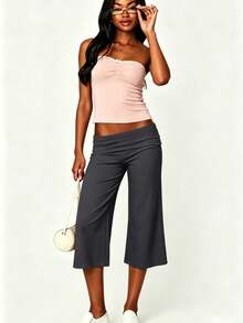 Womens Low Rise Capri Pants Fold Over Waistband Solid Color Slim Fit Cropped Pants Trousers - 深灰色 - 查看 5
