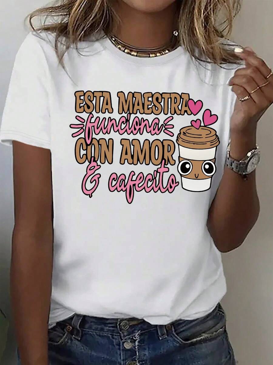 Camiseta de moda para mujer con cuello redondo y divertido estampado de corazón y café, manga corta, casual y versátil, top cómodo y transpirable - Blanco - Ver 1