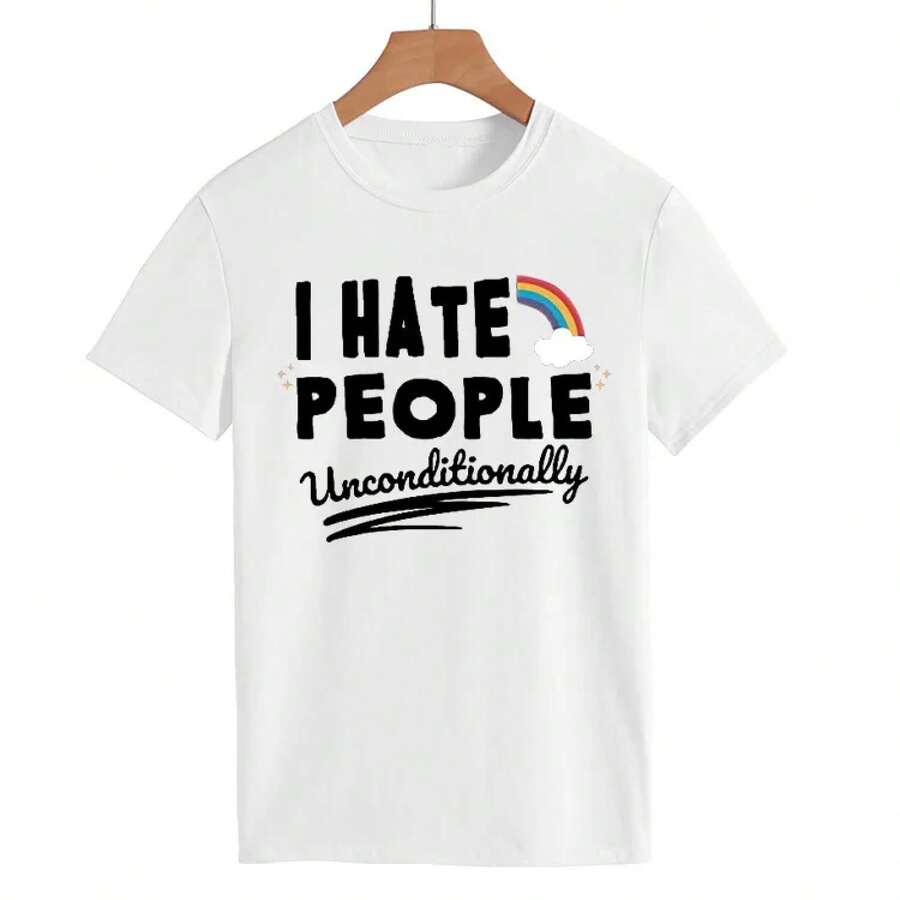 Camiseta de Mujer con Estampado de Arcoíris "I Hate People", Manga Corta, Cuello Redondo, Holgada, Camisetas para Mujer, Tops, Camisetas Mujer - Blanco - Ver 1