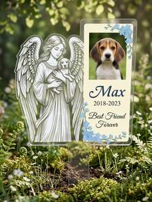 1pc Custom Photo Pet Memorial Acrylic Stake, Personalized Text Pet Grave Marker, Customizable Name & Date Dog Memorial Ornament, Angel Holding Dog Sketch Design With Forget-Me-Not Floral Border - Baby Blue - View 8