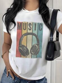 Retro Headphone Graphic Print T-Shirt, 180g, 1 Piece, Vintage Concert Style, Women's Casual 100% Cotton T-Shirt, Streetwear Style - 白色 - 查看 9