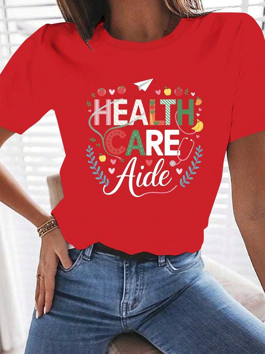 Camiseta de Algodón Puro para Mujer, Diseño Simple y Versátil, Asistente de Cuidado de la Salud, Vegetales Frescos, Cómoda - Rojo - Ver 1