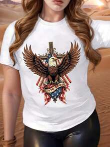 Camiseta con diseño de águila con alas de bandera estadounidense y cruz, texto 1776 2026 en escudo, temática patriótica, adecuada para uso casual, celebraciones del Día de la Independencia y eventos nacionales, camisetas para mujer, camisetas de cuello redondo, camisetas del 250º aniversario de los EE. UU., camisetas del Día de la Independencia, camisetas de equipo, camisetas con estampado gráfico, tela de algodón puro de baja elasticidad, cómoda de llevar, camisetas de manga corta, camisetas casuales para uso diario al aire libre, la mejor opción para regalos (tallas S-5XL). playeras de mujer - Blanco - Ver 1