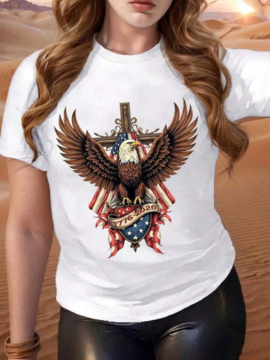 Camiseta con diseño de águila con alas de bandera estadounidense y cruz, texto 1776 2026 en escudo, temática patriótica, adecuada para uso casual, celebraciones del Día de la Independencia y eventos nacionales, camisetas para mujer, camisetas de cuello redondo, camisetas del 250º aniversario de los EE. UU., camisetas del Día de la Independencia, camisetas de equipo, camisetas con estampado gráfico, tela de algodón puro de baja elasticidad, cómoda de llevar, camisetas de manga corta, camisetas casuales para uso diario al aire libre, la mejor opción para regalos (tallas S-5XL). playeras de mujer - Blanco - Ver 1